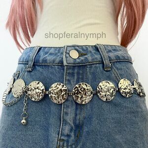 Silver Y2K Hammered Disc Boho Chain Belt, Fits 23-41 Inches, X7GA1531